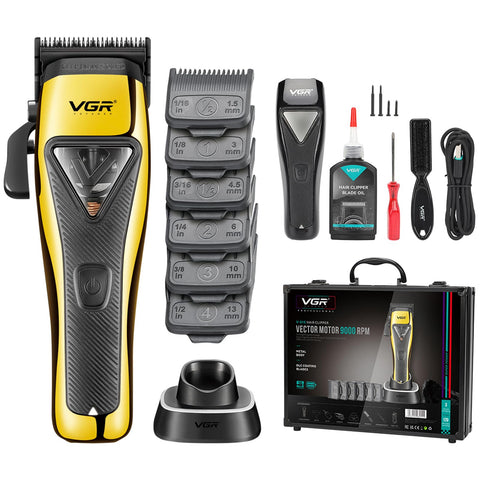 VGR 015 Professional Cordless Clipper for Men, Vector 9000RPM Motor, DLC Blade, Hair Cutting Clipper with Metal Case, 1 Black Modular Cover, Travel Case