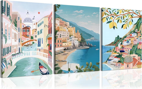 Vintage Trendy Cities Wall Set of 3 Modern Colorful Landscape Travel Wall Decor Europe Italy Cities Canvas Poster Prints Italy Amalfi Coast for Bedroom Living Room Framed 12x16