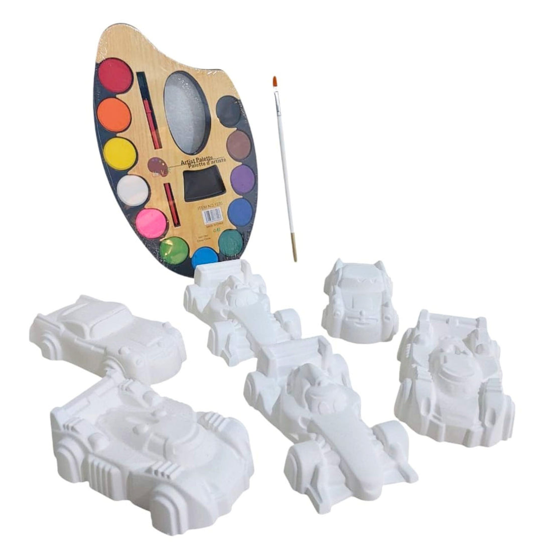 Gypsum Shapes for Coloring -12-Color Watercolor Palette + Bonus Brush, A Complete Art Set Alternative to Screens Develop Children's Skills Through Joyful Activity. (6-Larg Race Cars)