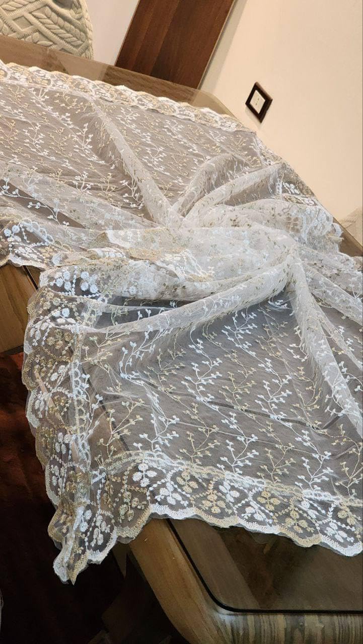Lotus Tablecloth, White Embroidered Lace, 130x225 cm, Elegant Floral Design with Plain Border .br