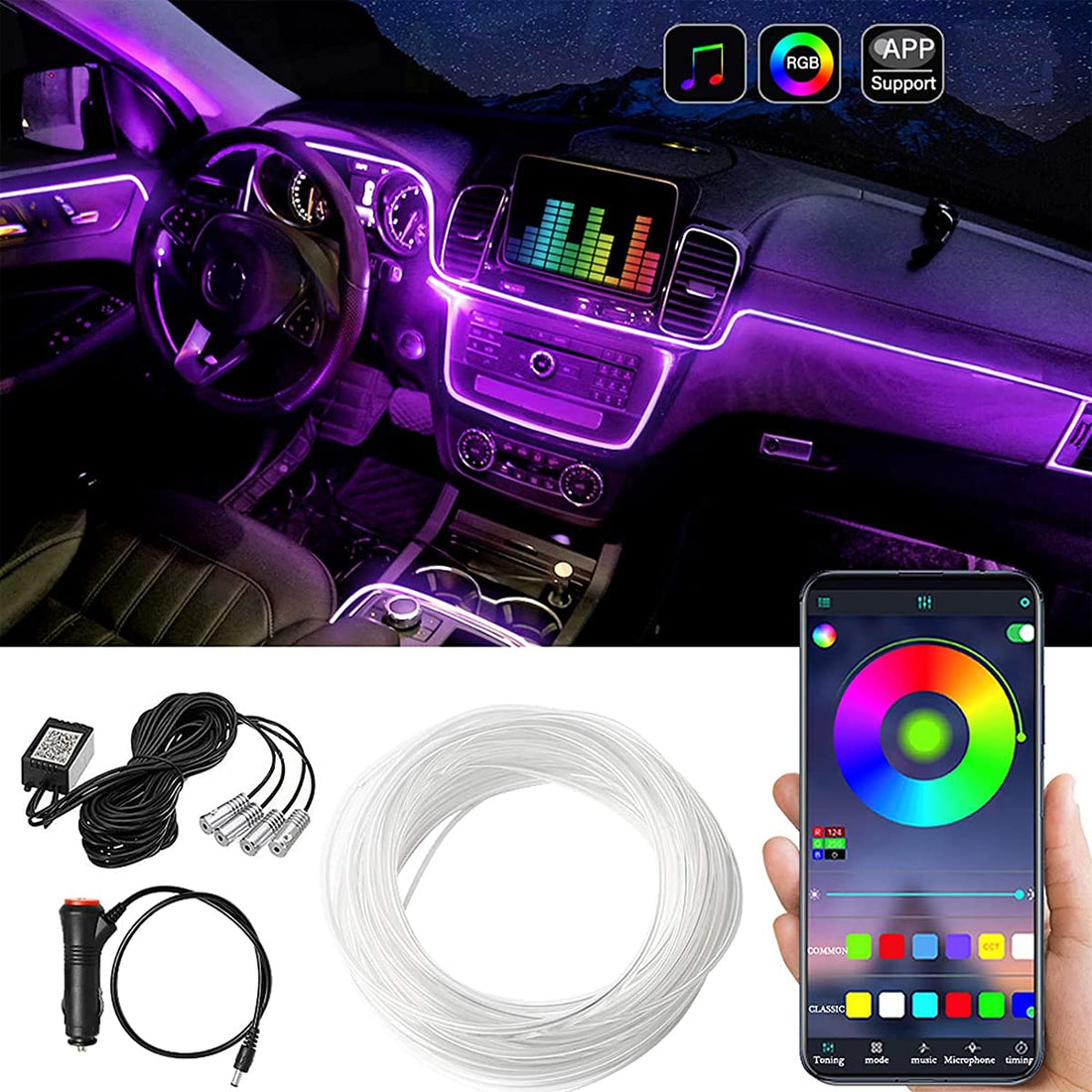 Limos car led strip lights,multicolor rgb car interior lights,16 million colors with fiber optic,ambient lighting kits, sound active function and wireless bluetooth app control (4 in 1 <6 meters>)