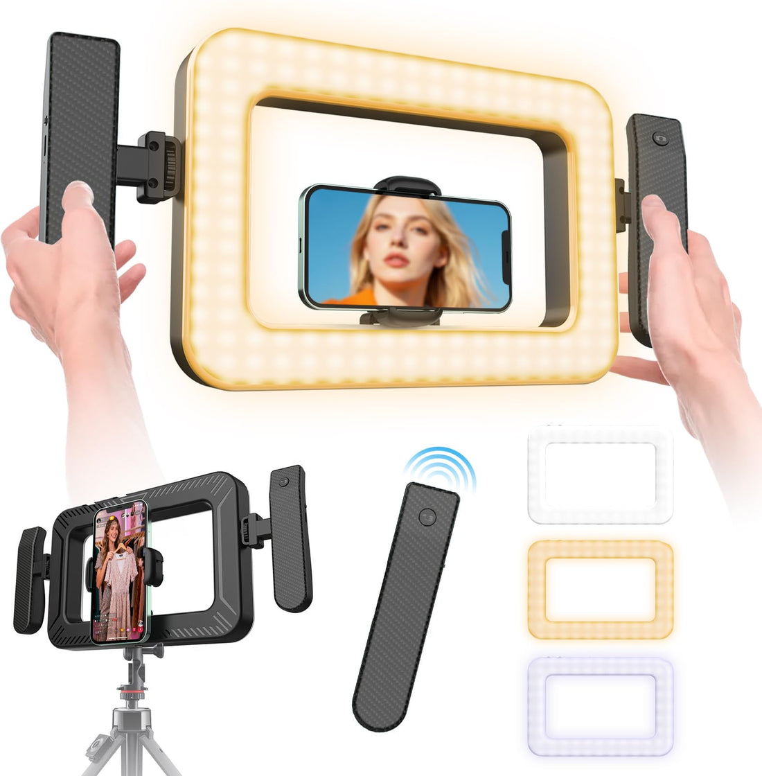 Handheld Smartphone LED Ring Light Video Rig with 20m Bluetooth Remote Handle, Ergonomic Stabilizer, 2900K-7000K Adjustable, Fast-Charge, 1/4” Mount for Selfies, Makeup, Live Streaming, Vlogging