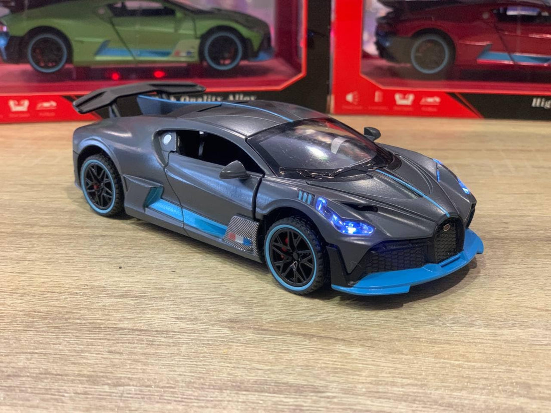Luxury Sports Diecast Car, Gray with Blue, Miniature Model, with Light, Fashion Design, 1:32 Scale, Display and Collection