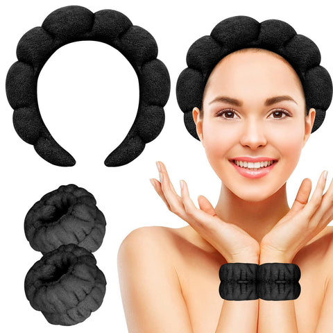 YONOY 3 Pieces Face Wash Headband and Wristband Set, Soft Makeup Headband and Sponge Spa Headband for Washing Face, Skincare, Makeup Removal, Hair Accessories (Black)