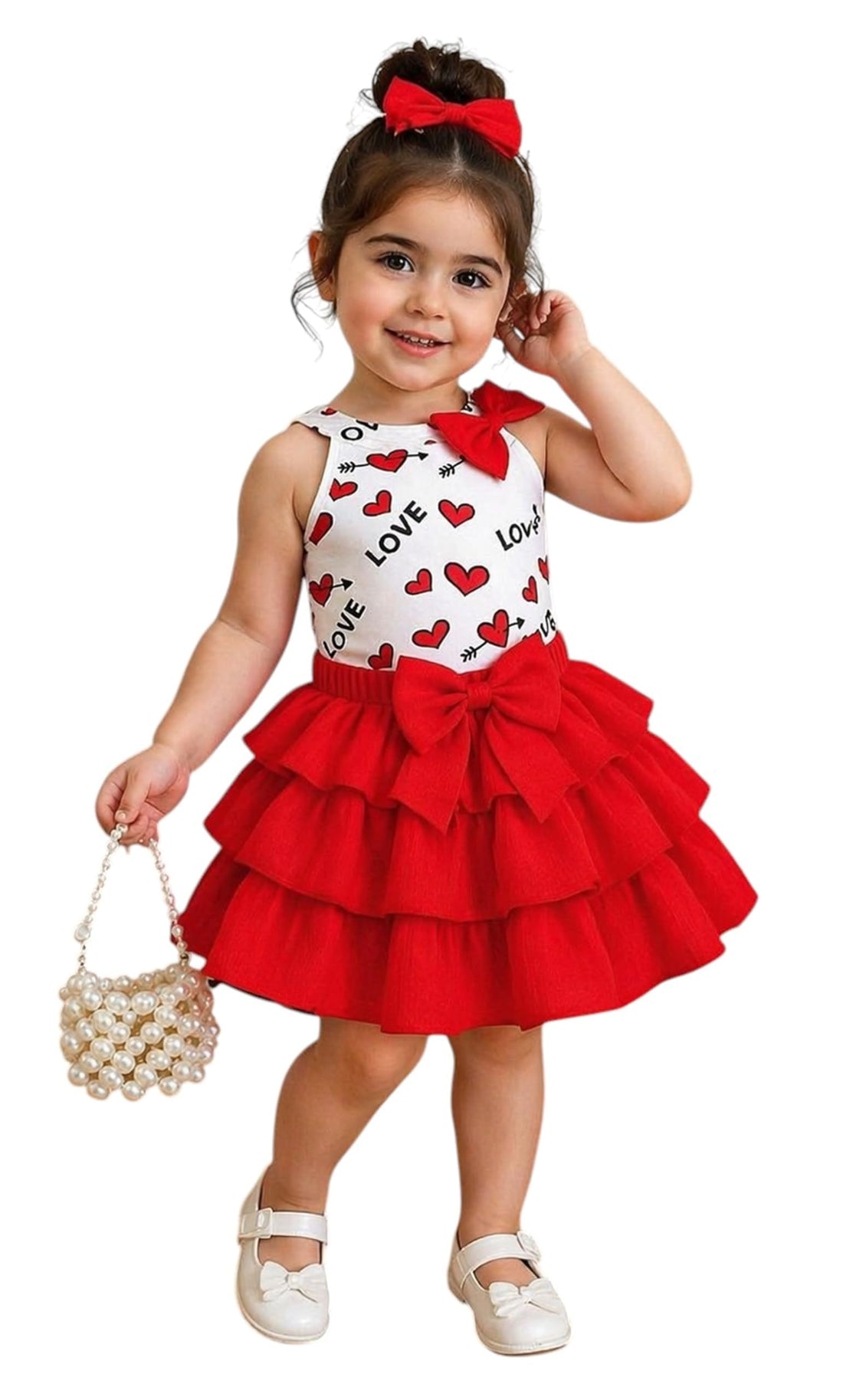 Miza Girls Summer 2 Piece Dress with Hat, Love Hearts Design, Layered Ruffle, Soft Material,