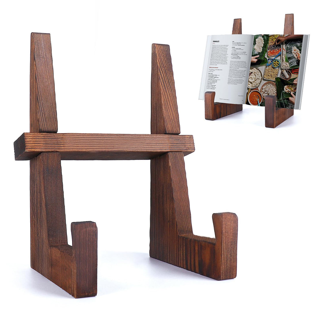 DEBETOOL New Cookbook Stand for Kitchen Counter - Natural Wooden Cookbook Holder for Kitchen,Multifunctional Display Stand,Rustic Brown Recipe Book Holder Stand