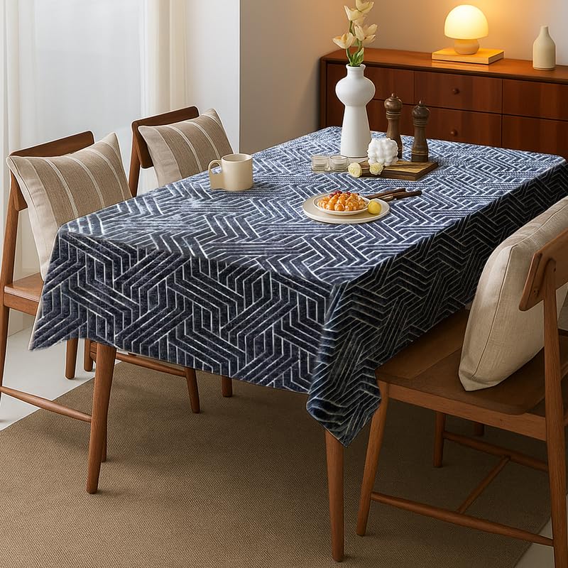 INtex Home Rectangular Tablecloth, Nadia’s Geometrical Design in Heavy Duty Linen Velvet Fabric, Soft Touch for Reception Living Room and Special Occasions - 1 Pc - 130 x 190 cm - Grey