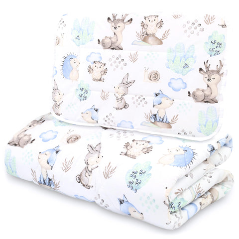 Children's Cotton Blanket and Pillow Set - Baby Duvet 100 x 135 cm, Pillow 60 x 40 cm for Baby Bed - Hedgehog Theme