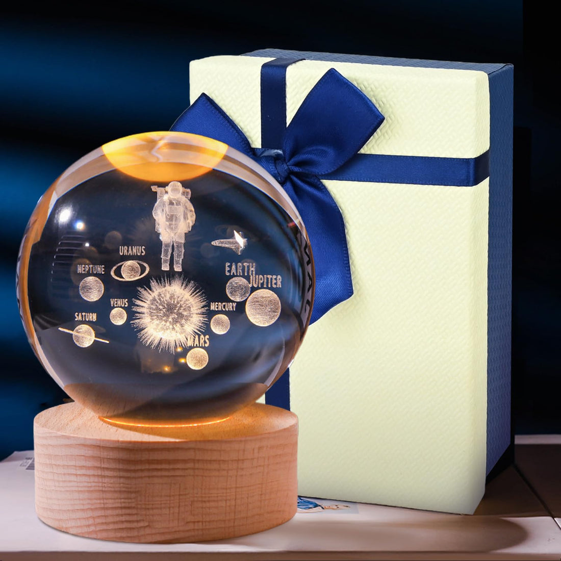 Achievers CECOMBINE 3D Crystal Ball Night Light, Solar System Glass Ball with LED Wooden Base, Space Astronaut Theme, USB Powered, Energy Efficient, Modern, Futuristic Decorative Lamp