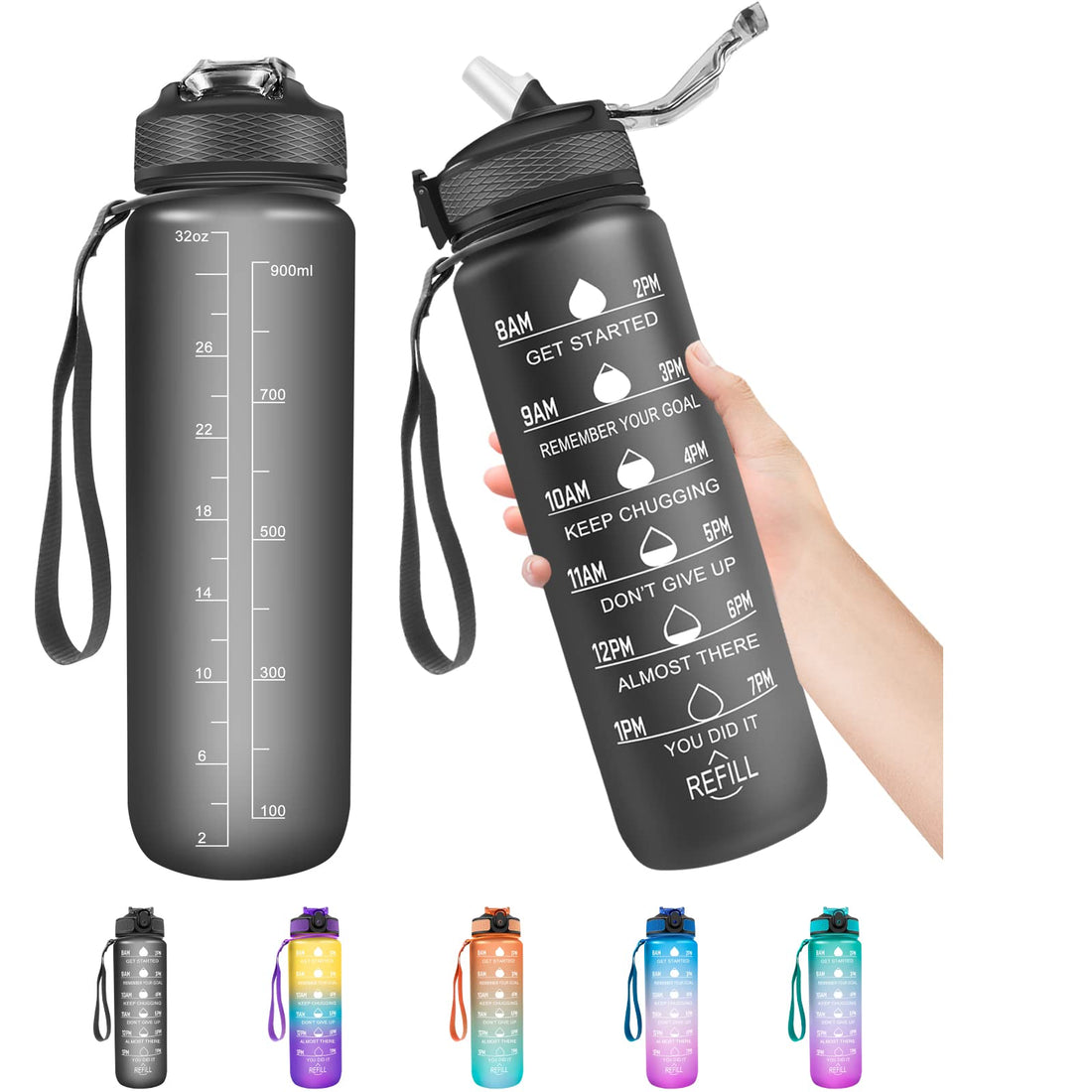 1 Litre Water Bottle with Straw, Time Markings Motivational Sport Water Bottle, Bpa Free Tritan Drinks Bottle for Girls, Boy, Fitness, Outdoor, Cycling, Gym, School & Office (Black)