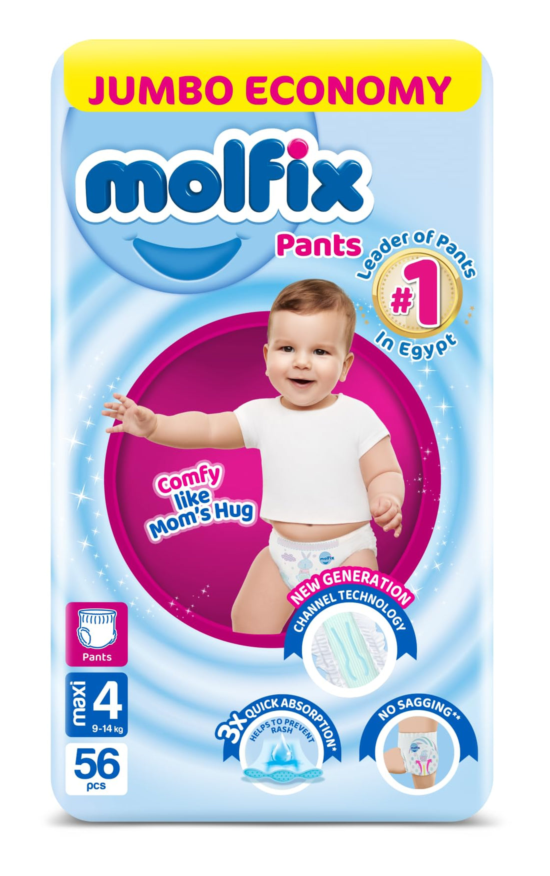 Molfix Baby Diaper Pants Size 4, Jumbo Pack, 9-14 KG, 56 Units, Molfix Pants Diapers, Size 4, 9-14KG, Twin Pack, 56 Count, Cotton Material