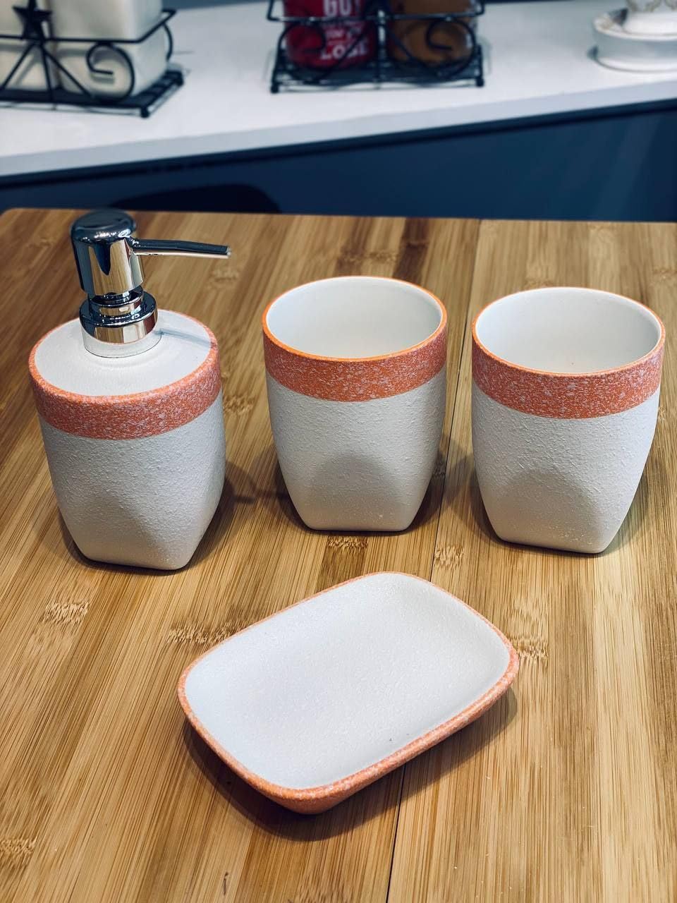 Piece Ceramic Bathroom Accessory Set, White with Coral Trim, Soap Dispenser, Soap Dish, 2 Tumblers .hg