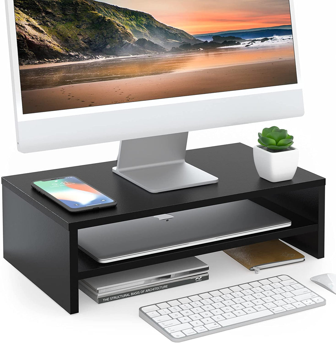 FITUEYES Monitor Stand - 2 Tiers Computer Monitor Riser with 16.7 Inch Shelf, Wood Desktop Stand for Laptop Computer Screen, Desk Organization, Office Supplies, Black, DT204201WB