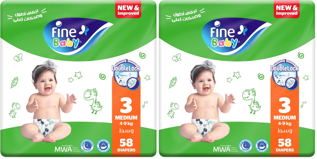 Fine Baby Diapers, Size 3, Medium, 4-9 kg, 58 Diaper (Pack of 2)