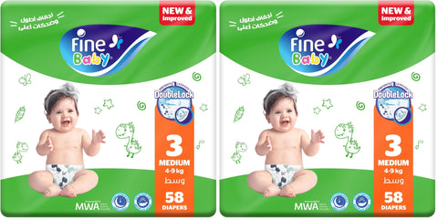 Fine Baby Diapers, Size 3, Medium, 4-9 kg, 58 Diaper (Pack of 2)