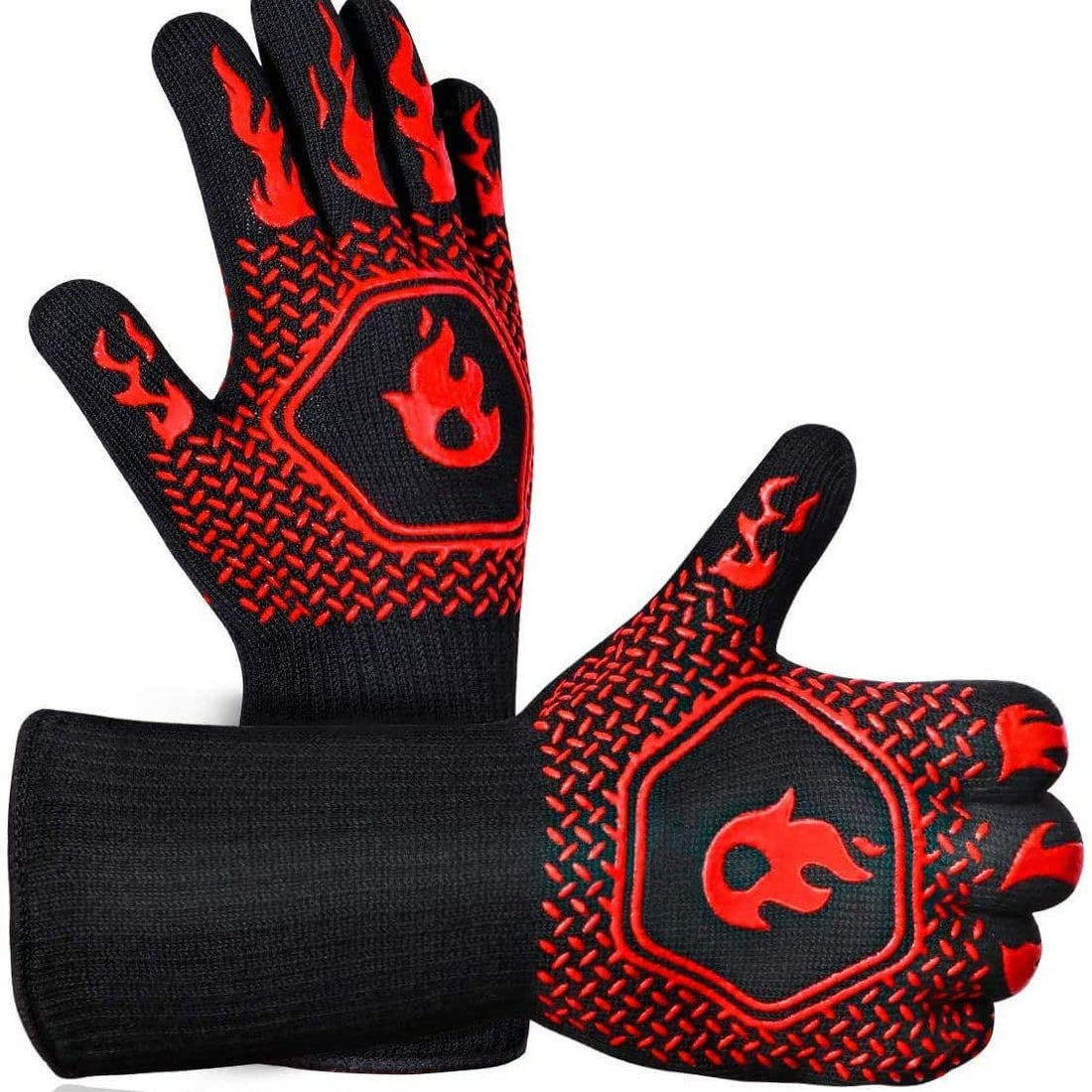 Heat Resistant Gloves 800°C (1472°F) - BBQ Grill Gloves Oven Mitts for Cooking, Baking - Extra Long Heavy Duty Thermal Protection for Kitchen, Fireplace, Camping (Big Red Flame, 1 Pair)