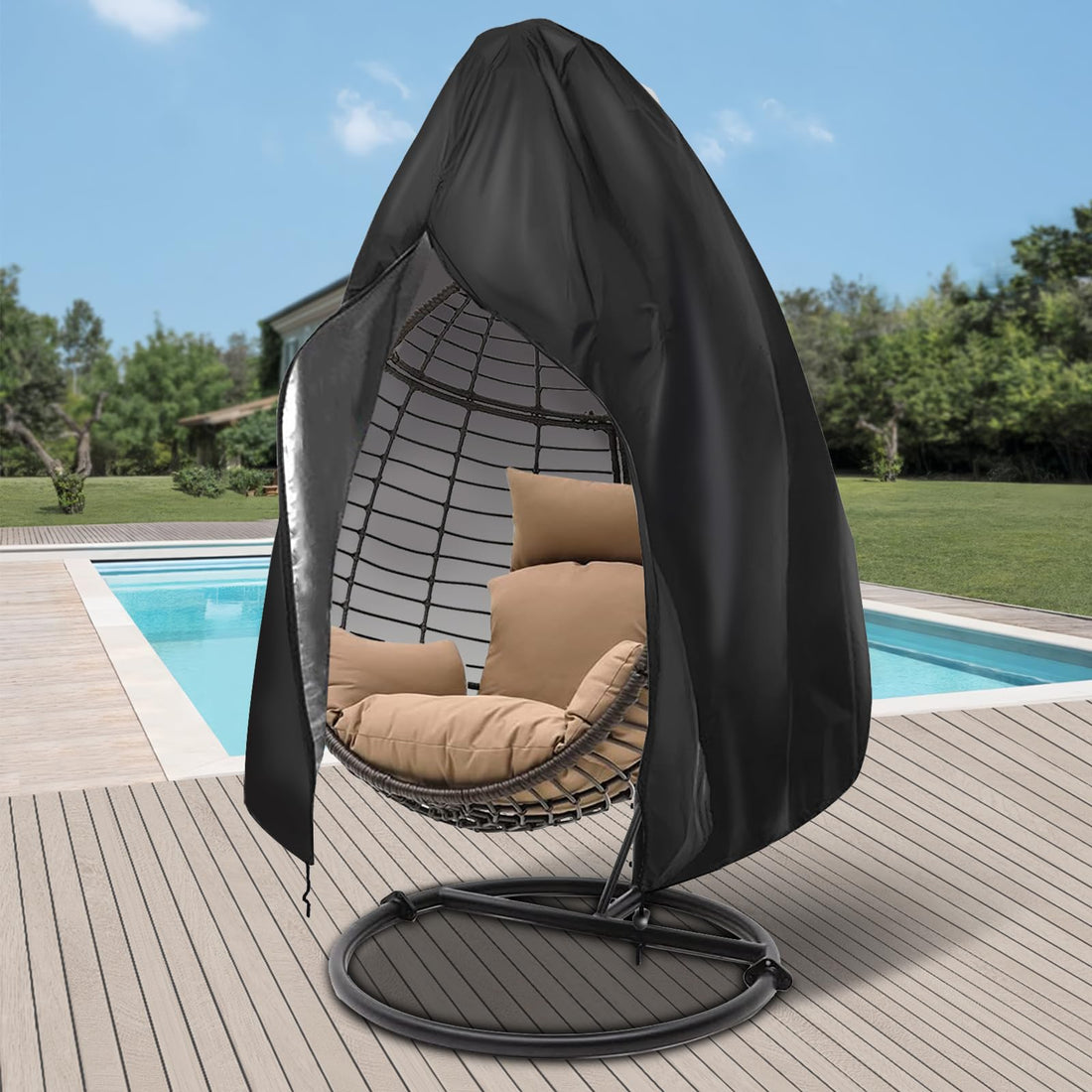 Egg Chair Cover with Zipper, UV Resistant Patio Hanging Egg Chair Cover Windproof Wicker Egg Swing Chair Covers Patio Egg Chair Cover Waterproof Single Seat Egg Chair Cover, 75" x 45", Black