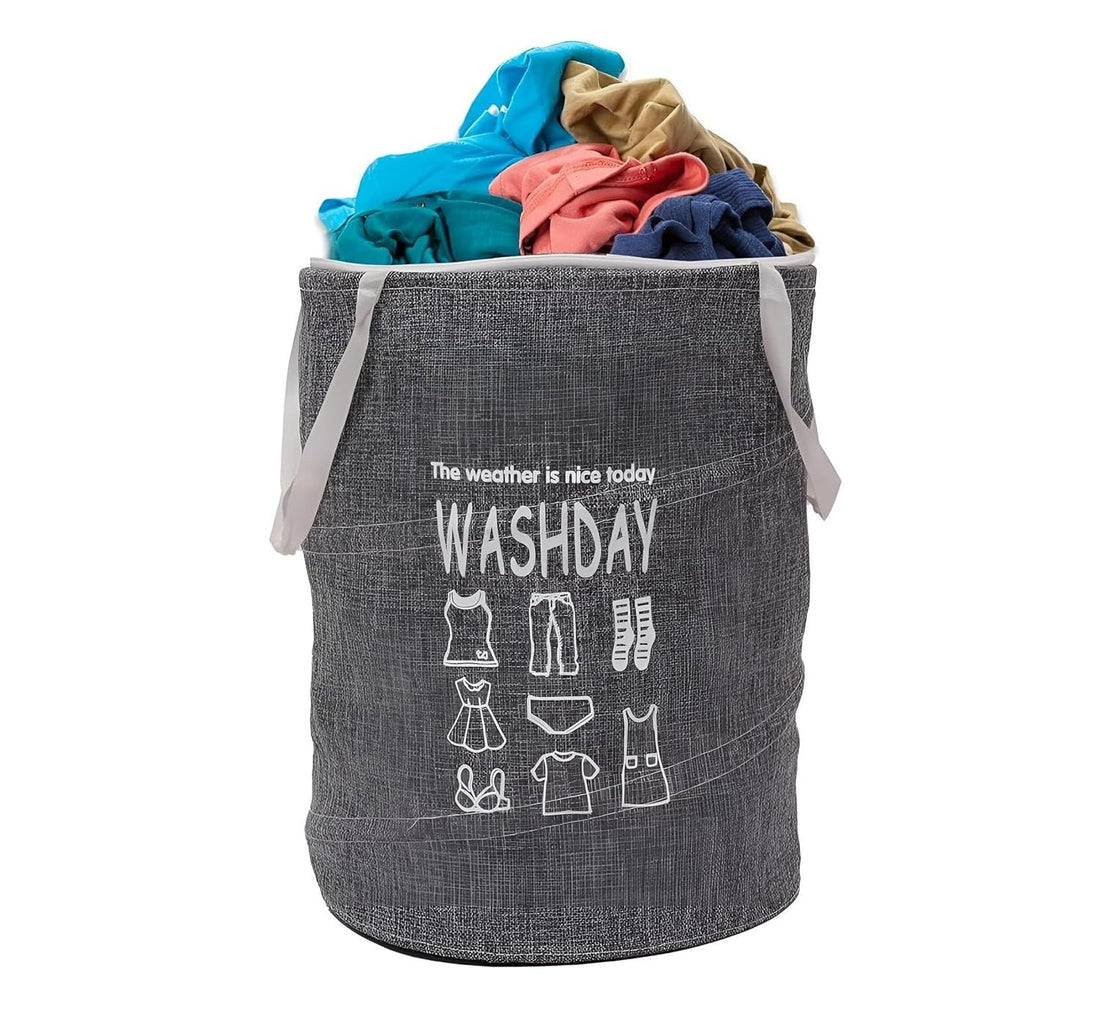 45L Round Fabric Laundry Hamper, Foldable Waterproof Storage Basket with Rustproof Plastic Zipper Lid, Ideal for Clothes, Toys, Space Organization (Grey)