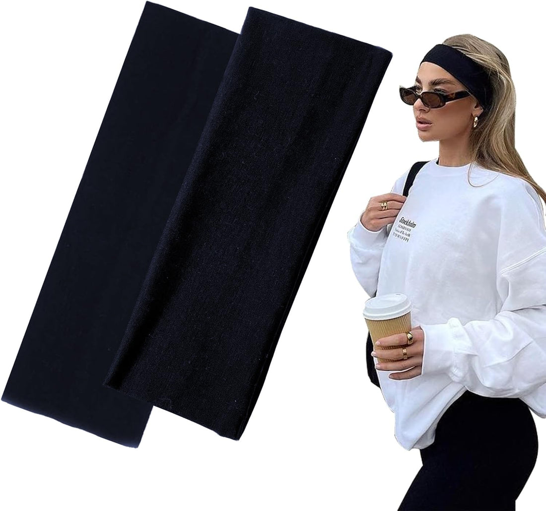 SUNSET 7cm Wide Black Headband for Women Men Soft Fabric Stretchy Hair Bands for Makeup Yoga Running Sports (Navy, ONE SIZE(2PCS))
