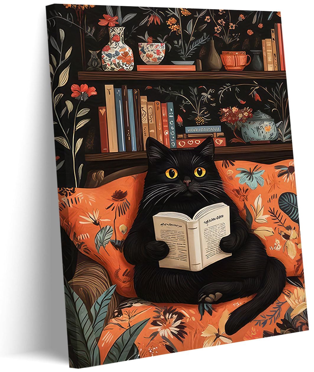 Funny Black Cat Canvas Wall Art Pet Cat Reading Picture Wall Decor Cute Retro Animal Poster Print Artwork for Cafe Bar Kitchen Office Dining Room Home Decoration