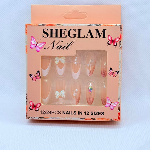 Press On Nails Almond Shape Professional Nail Art – 12 Colors & Designs, Salon Finish Luxury Fake Nails for Women (Pink French & Glitter & Nail Art)