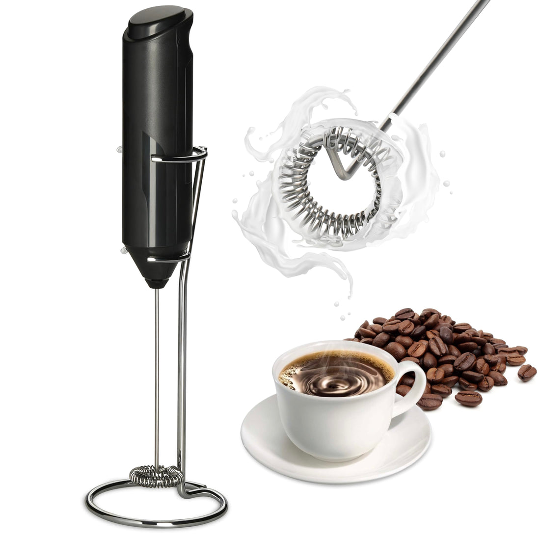 InfiniPower Milk Frother Handheld with Stainless Steel Stand, Battery Operated Whisk Maker Hand Drink Mixer for Coffee, Lattes, Cappuccino, Matcha, Black
