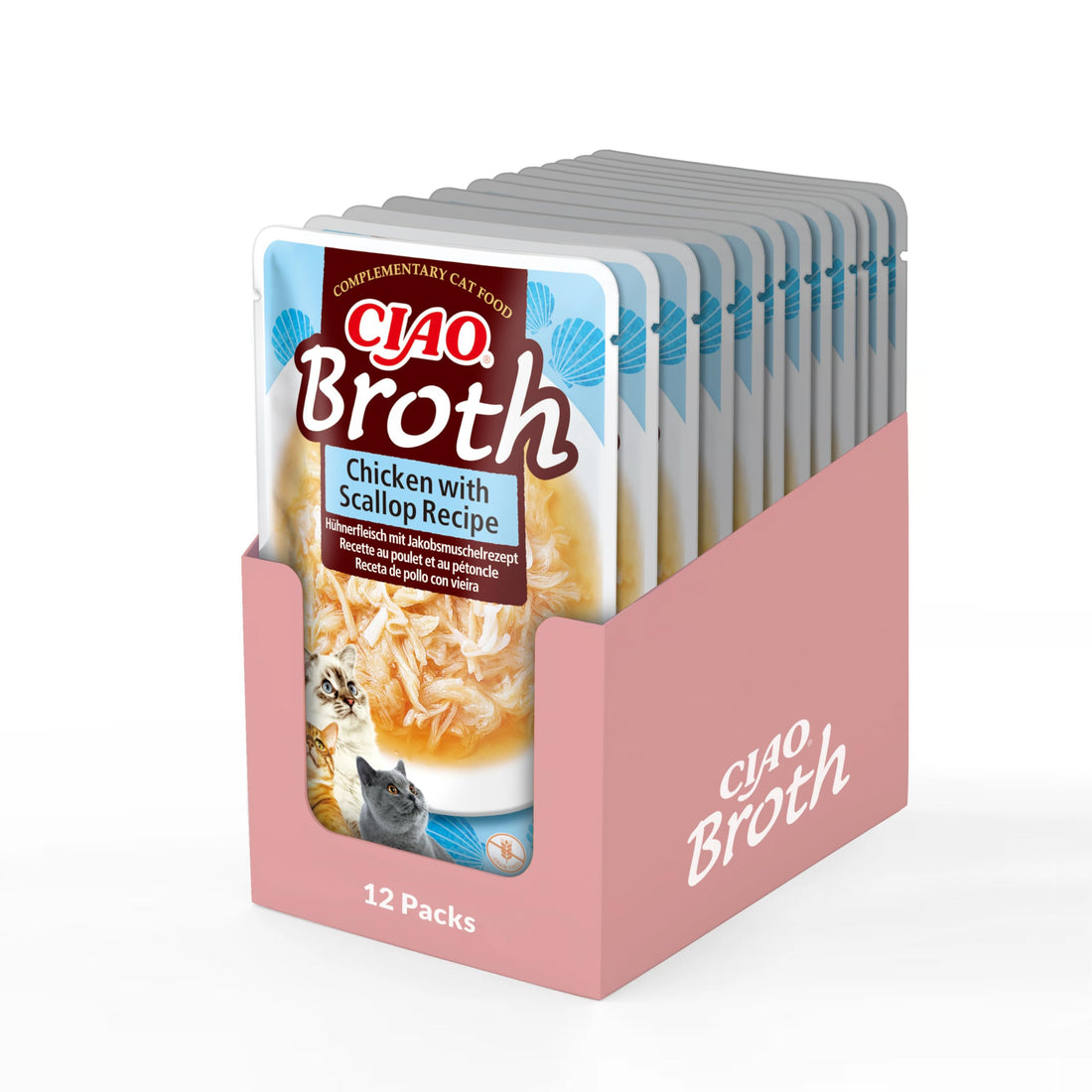 Ciao Broth Soup with Shredded Chicken for Cats, Chicken and Scallops, 12 x 40 g, Wet Cat Food without Grain