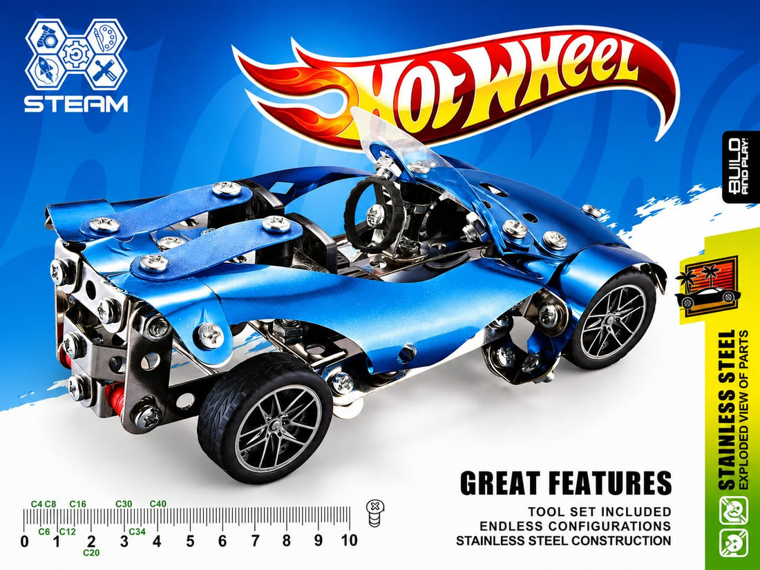 Meccano Metal Sports Car ميكانو Building Kit – Stainless Steel DIY Model Car Set with Tools & Screws, Educational Engineering Construction Toy, Blue Racing Car Assembly Kit for Boys & Girls