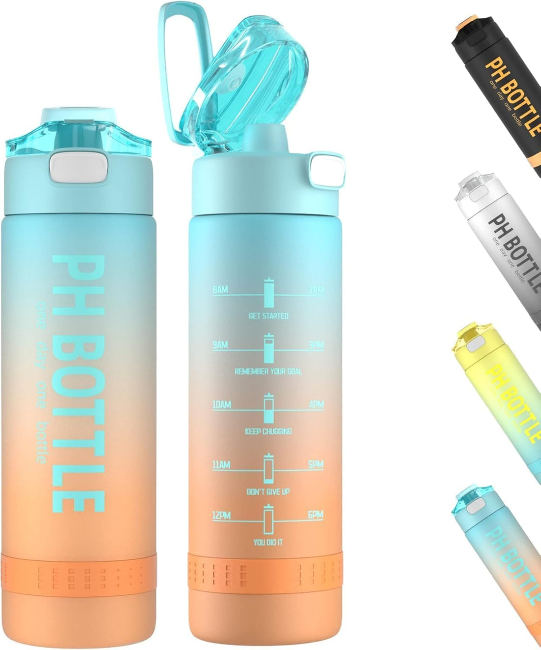 1 Litre (32 OZ) Water Bottle, Leakproof BPA & Toxic Free, Motivational Bottle with Times to Drink and Straw, Fitness Sports with Strap for Office, Gym, Outdoor Sports (PH-Teal/Orange)