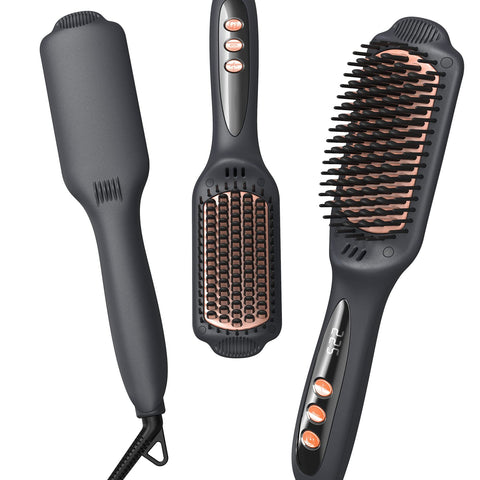 LANDOT Hair Straightening Brush Straightener: Negative Ion Ceramic Heated Hot Flat Iron Brush for Smooth Frizz-Free Hair - Dual Voltage & 12 Temp Settings 250°F to 450°F Fit All Hair Types