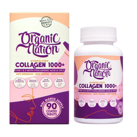 ORGANIC NATION | Hydrolyzed Collagen 1000+ Tablets | 90 Coated Tablets | Natural | Vegan | Non-GMO | For Silky Smooth Skin | Anti-Wrinkles | Anti-Aging | With Hyaluronic Acid and Vitamin C