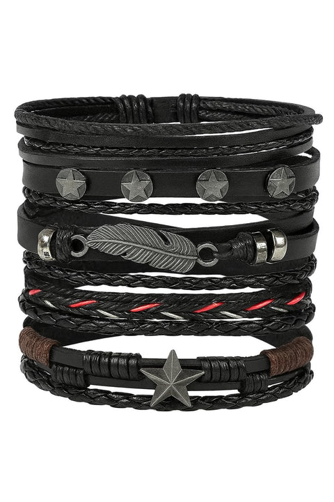 AmazingEGP Multi-Layer Leather Bracelet Set, 23 cm, Black, Star and Feather Charms, Handmade Braided Design