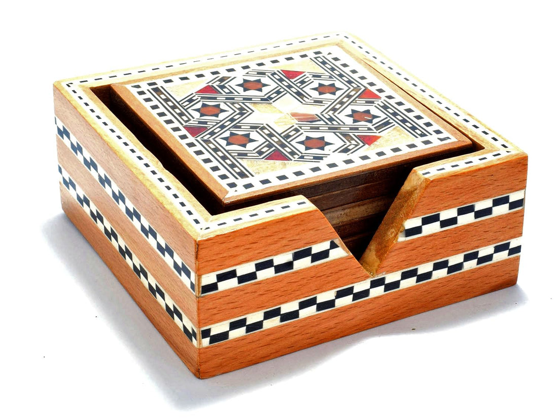 immatgar Egyptian Absorbent Drink Coasters for Kinds of Cups earthenware ancient Egyptian souvenirs gifts from Egypt Collectible Pharaohs (Wooden - Square Diverse Pattern)