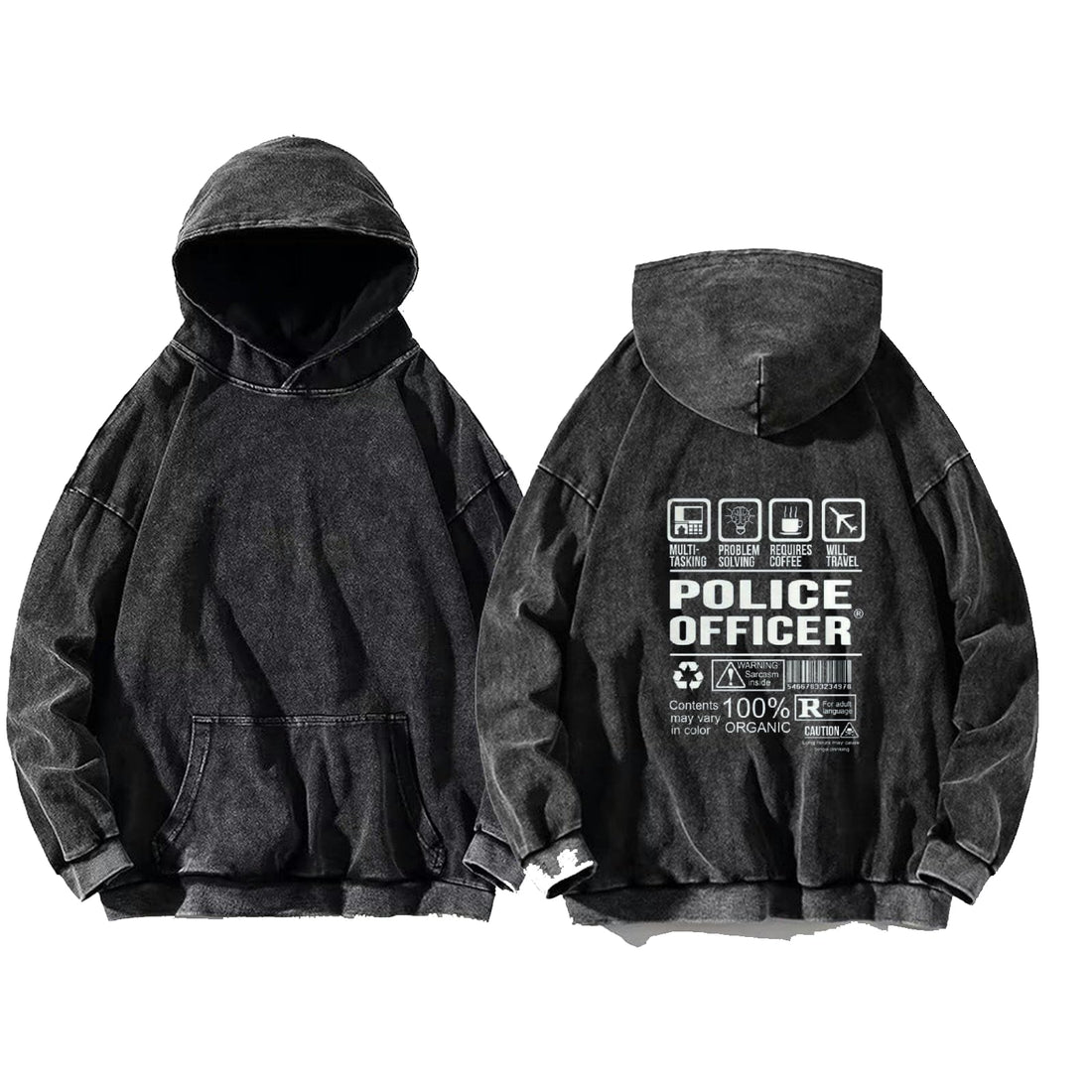 acid wash gray oversize Youth hoodie back art over size TEXT job work 70 police officer