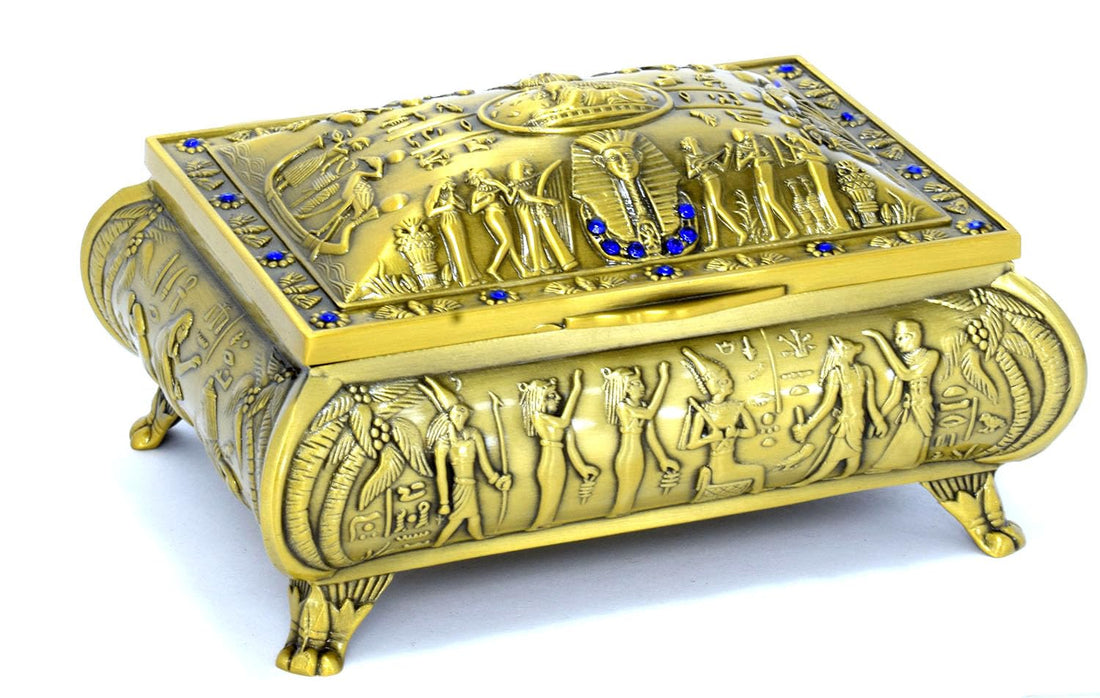 Immatgar Luxury Egyptian Jewelry Storage Box with Pharaonic Pattern - premium Souvenir gifts for Women and Girls, Decor Piece (C shape - Burnt Yellow - 9.5 CM long)