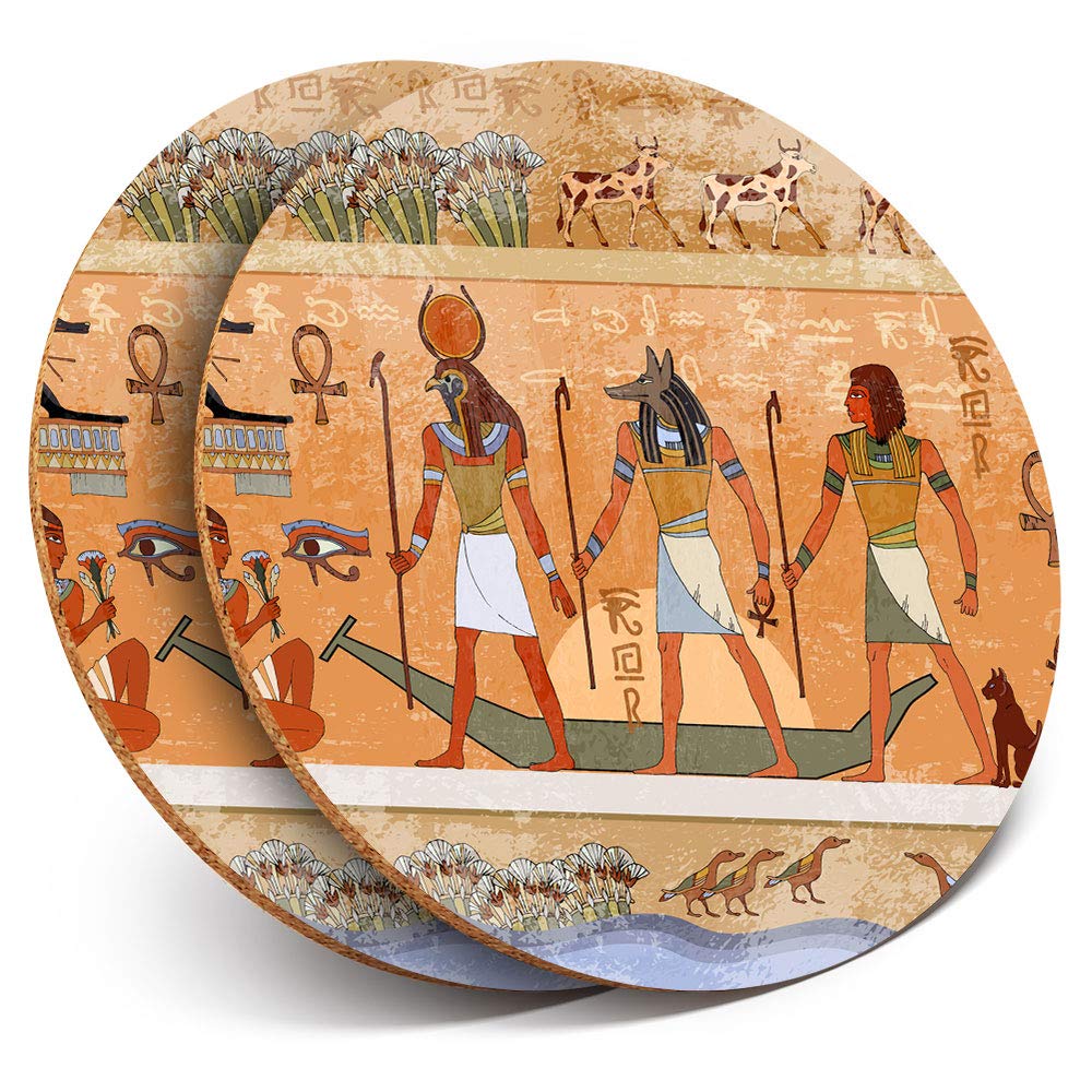 Destination Vinyl Ltd 2 x Round Coasters - Ancient Egyptian Scene Mythology - Cork Backed Home Kitchen Accessory Tea Coffee Mug Mat #21136