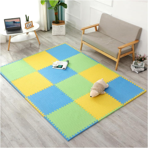 4 Tiles - 16 Sq Ft, Puzzle Flooring || Kids Interlocking Play Mat || Shops Mat || House Flooring || Play Mats for Kids || 12 MM Thick (Blue - Green - Yellow)