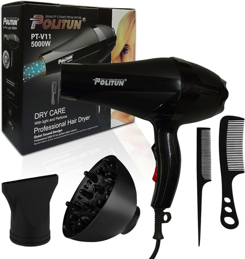 PT-V11 5000.0W Hair Dryer, Quiet Design, Customizable Settings, Overheat Protection, Quick Drying, Politon Fast Drying, 5000.0W, Black