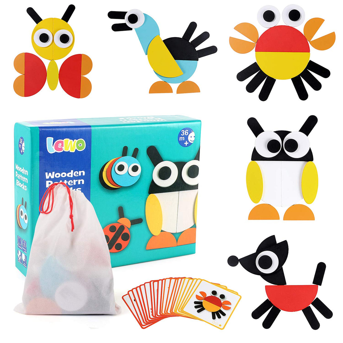 Lewo 130 PCS Wooden Pattern Blocks Geometric Shape Puzzles Classic Educational Toys Tangrams Set for Kids with 24 Design Cards cypt