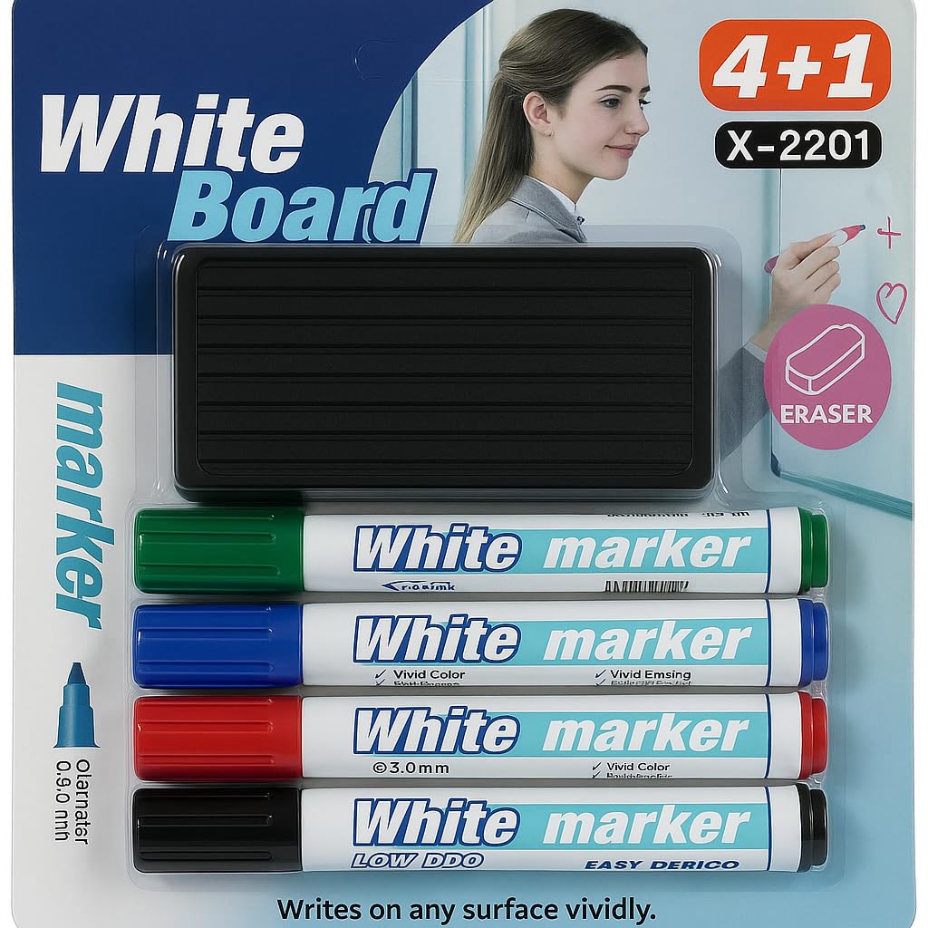 MOMENT White Board Markers Pens Set with Duster Cleaner Eraser 4 Colours