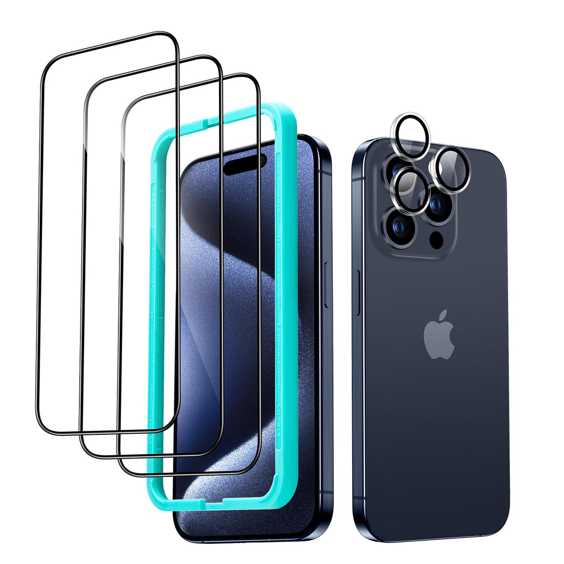 ESR for iPhone 15 Pro Max Screen Protector Set, 3 Tempered-Glass Screen Protectors and 1 Set Individual Lens Protectors, 2.5D Curved Edges, Full-Coverage Military-Grade Protection