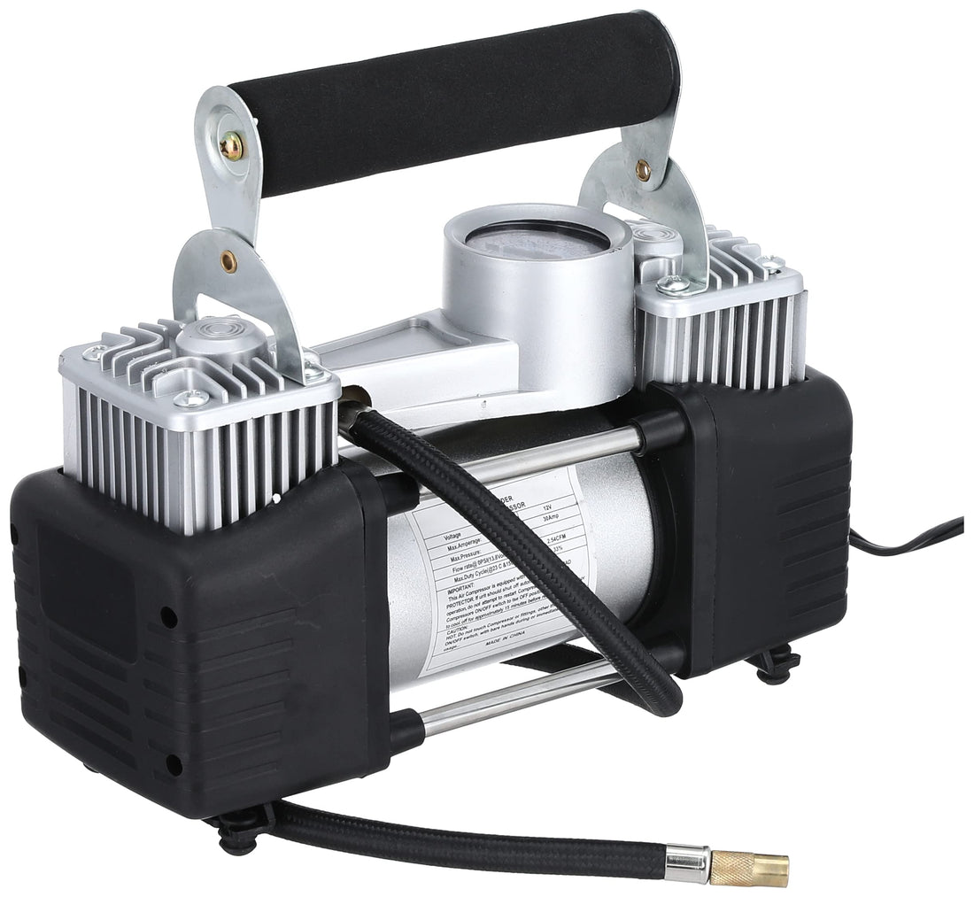Air compressors 2 cylinder for car tires, bike tires, rubber floater, balls works on car battery - ac 628a silver color