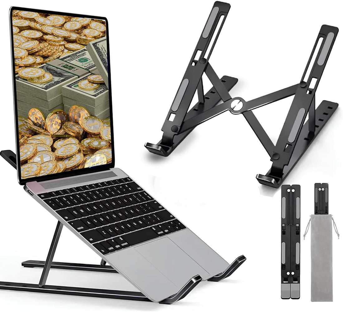 Metal Laptop Stand, 7 Height Levels, Foldable, Laptop Stand Compatible with All 10-17 Inch Devices (Non-Slip Silicone + Storage Bag) Compatible with HP, DELL MACBOOK (Black)