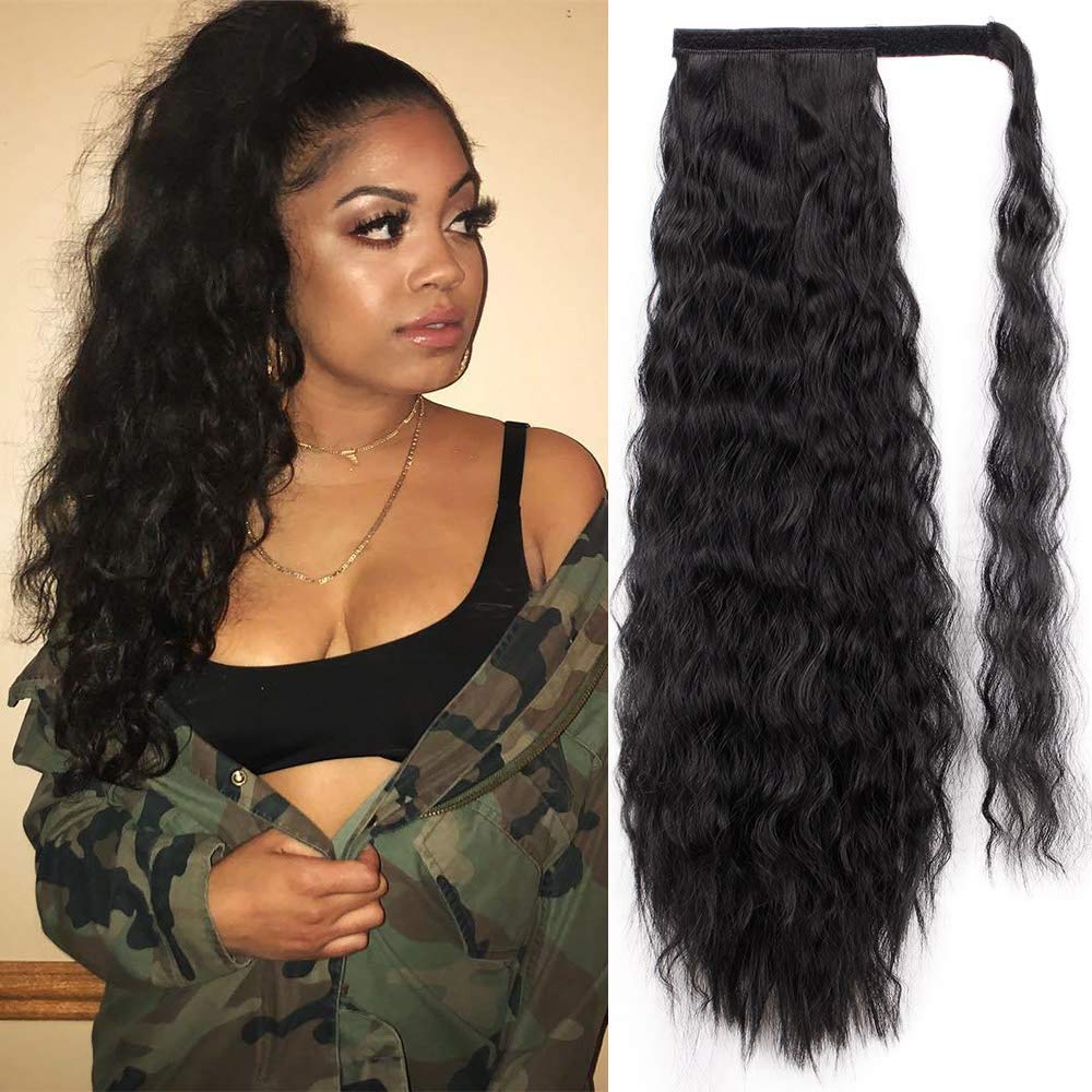 NALACAL Ponytail Hairpieces, Long Corn Wave Ponytail Extension Magic Paste Heat Resistant Wavy Synthetic Wrap Around Ponytail Black Extension Hairpiece for Women (22 Inch, Black)