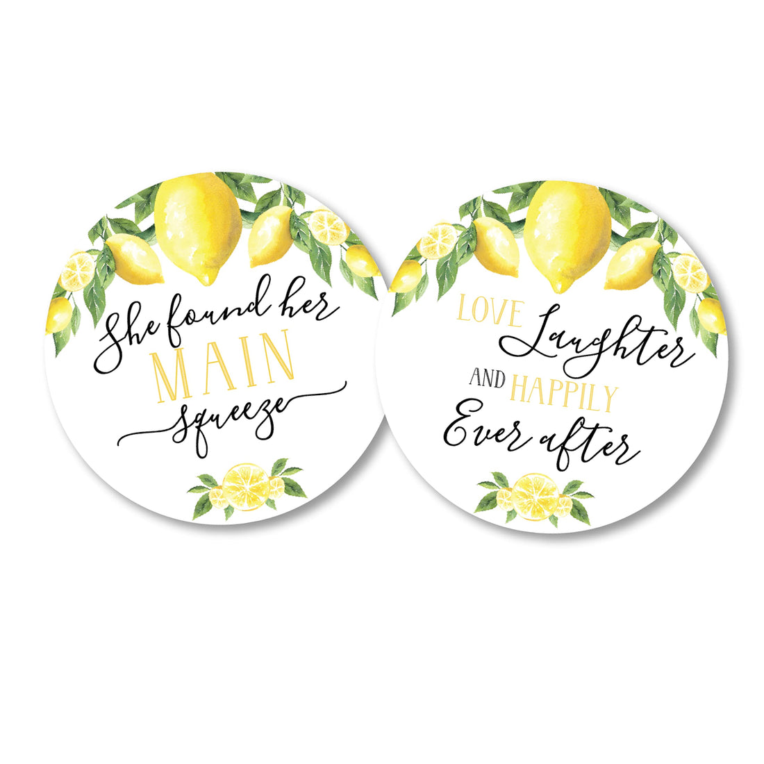 Your Main Event Prints 50 Lemon Themed Favor Stickers, She Found Her Squeeze, Love Laughter and Happily Ever After, 2" Round Stickers, 25 of Each Design