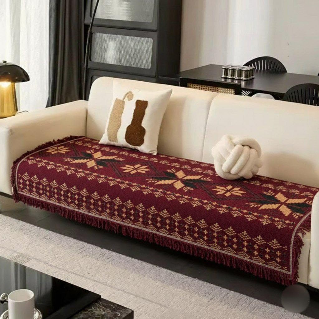 Chenille Sofa Cover with Fringe, (Burgundy) Geometric Pattern, 200cm x 75cm, Corner Sofa Protector .flo
