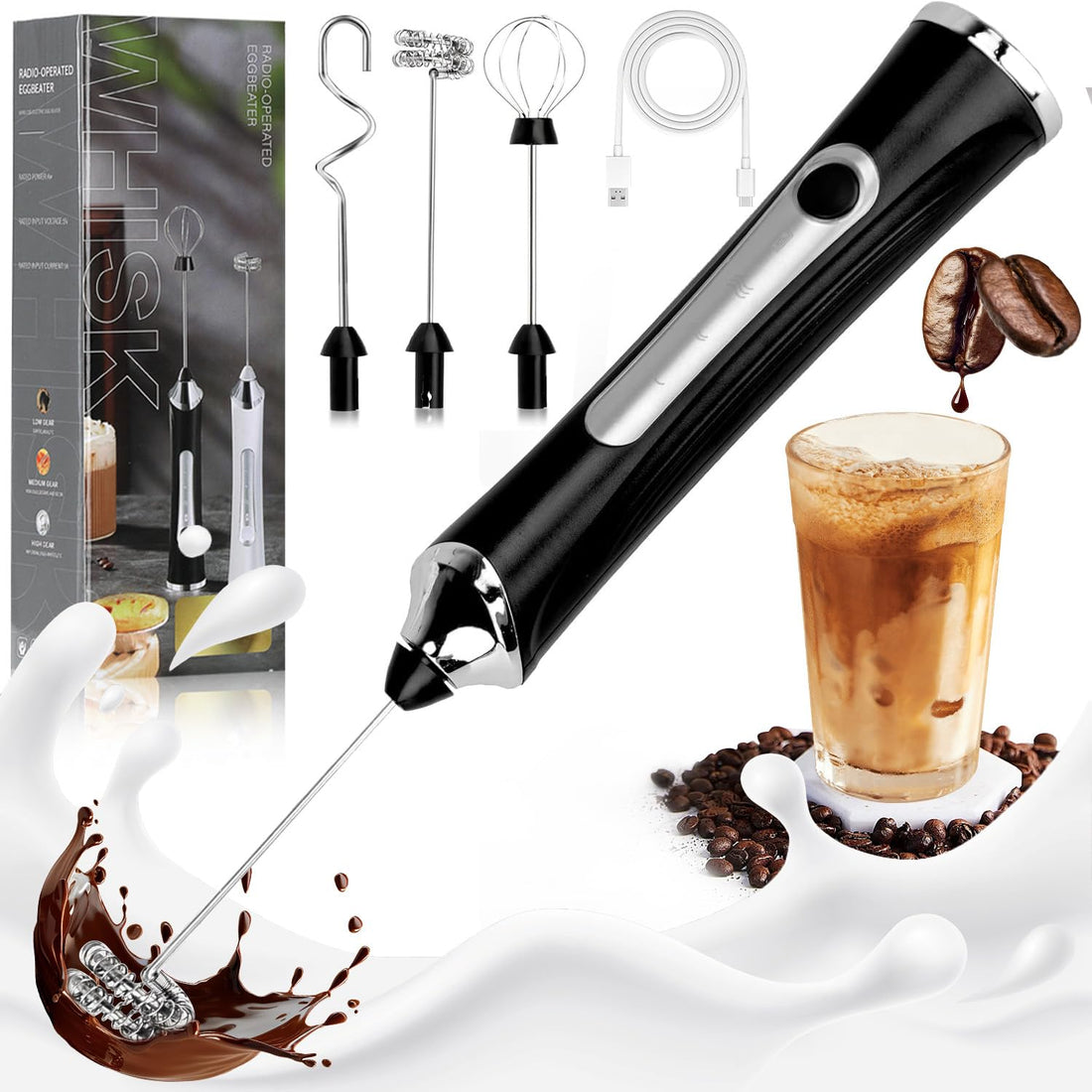 Necomi Upgraded Rechargeable Electric Foam Maker, Milk Frother Handheld Foam Maker, Drink Mixer with 3 Stainless whisks 3 Speed Adjustable Foam Maker Blender for Latte, Hot Chocolate, Egg (Black)