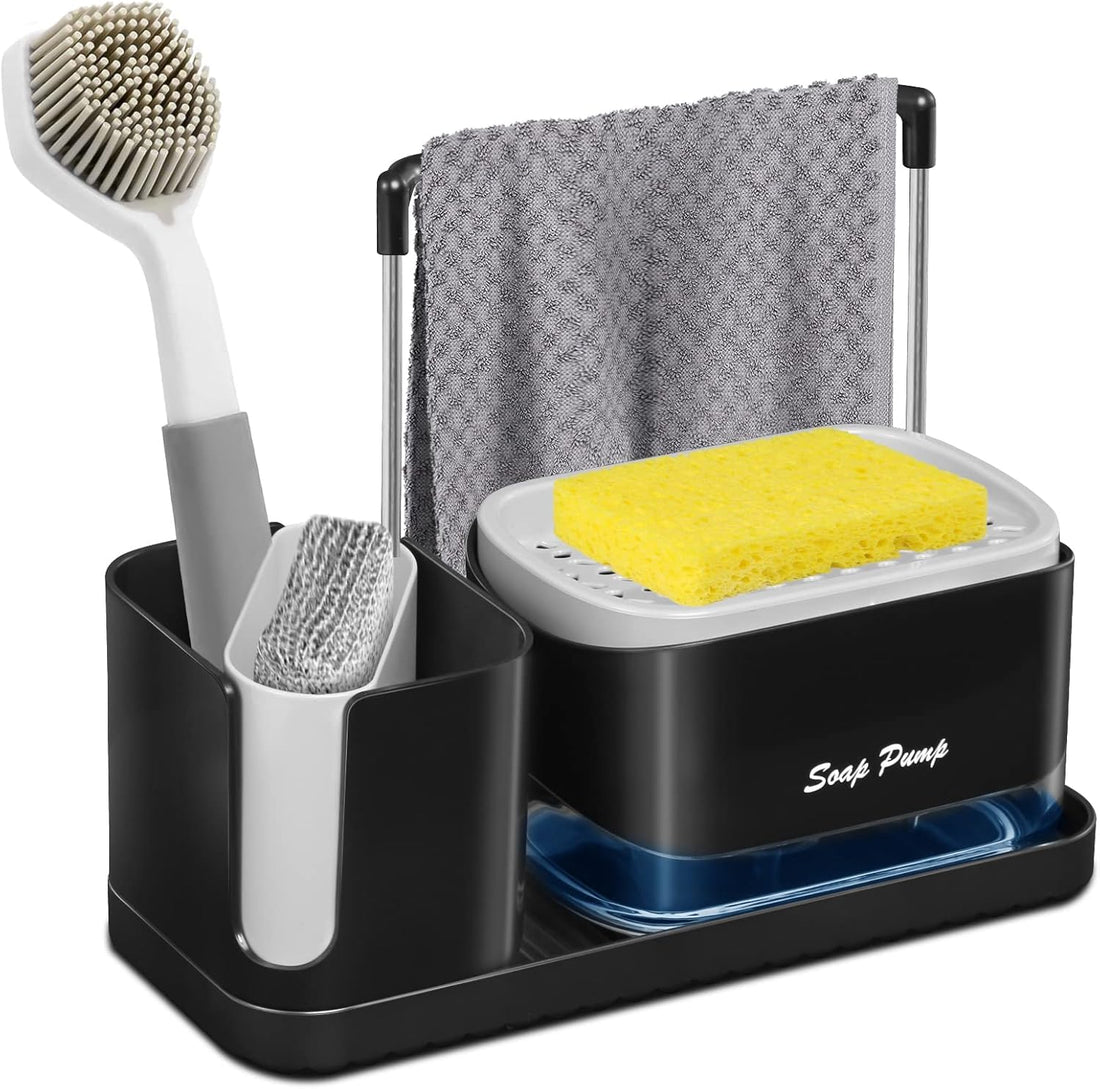 Circle M 2-in-1 Kitchen Soap Dispenser with Sponge & Brush Holder: Countertop Pump Caddy – Black