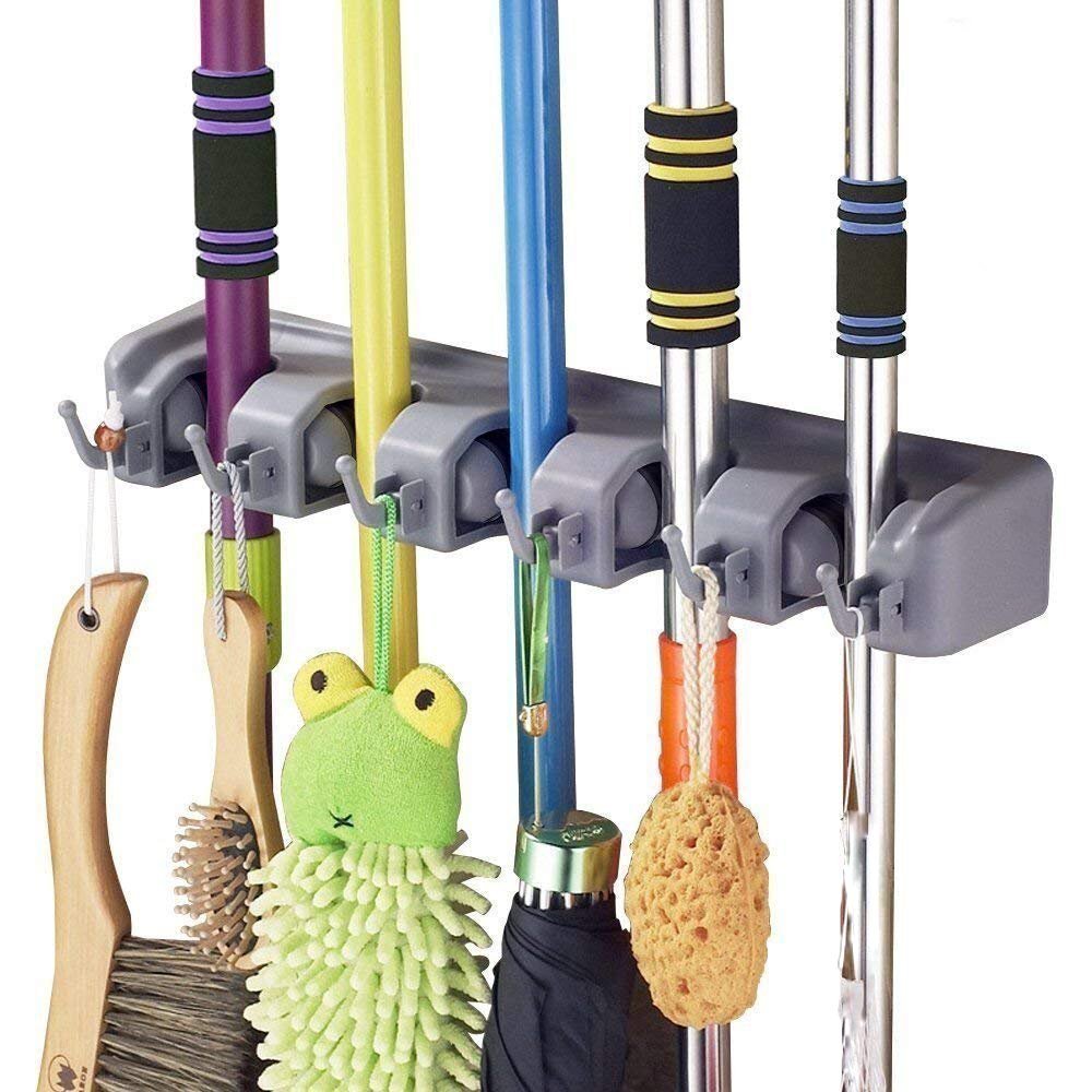 Wall Mounted Mop and Broom Holder – 5 Position Tool Organizer with 6 Hooks – Heavy Duty Storage Rack for Garage, Garden, Kitchen, Laundry & Office – Holds Up to 11 Tools