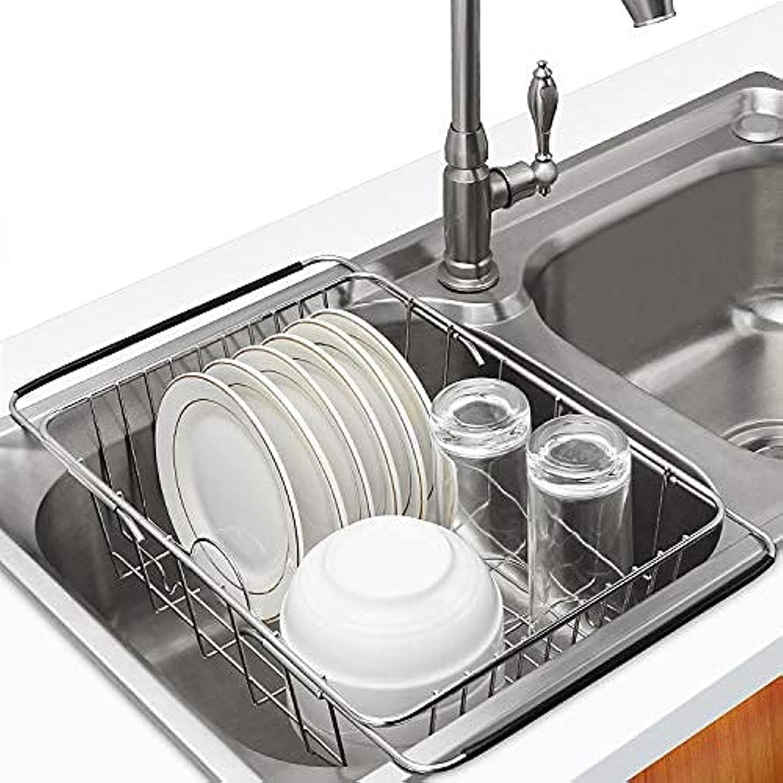 Dish Drainer and Cobbias for Sink or Countertop, Stainless Foldable Dish Drainer for All Sinks